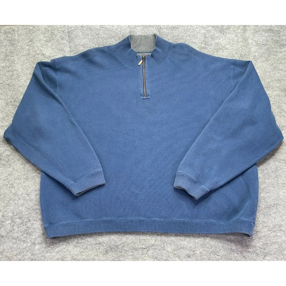 Tommy Bahama Sweater Men 2XL XXL Blue Gray Quarter Zip Cotton Ribbed Mock Neck